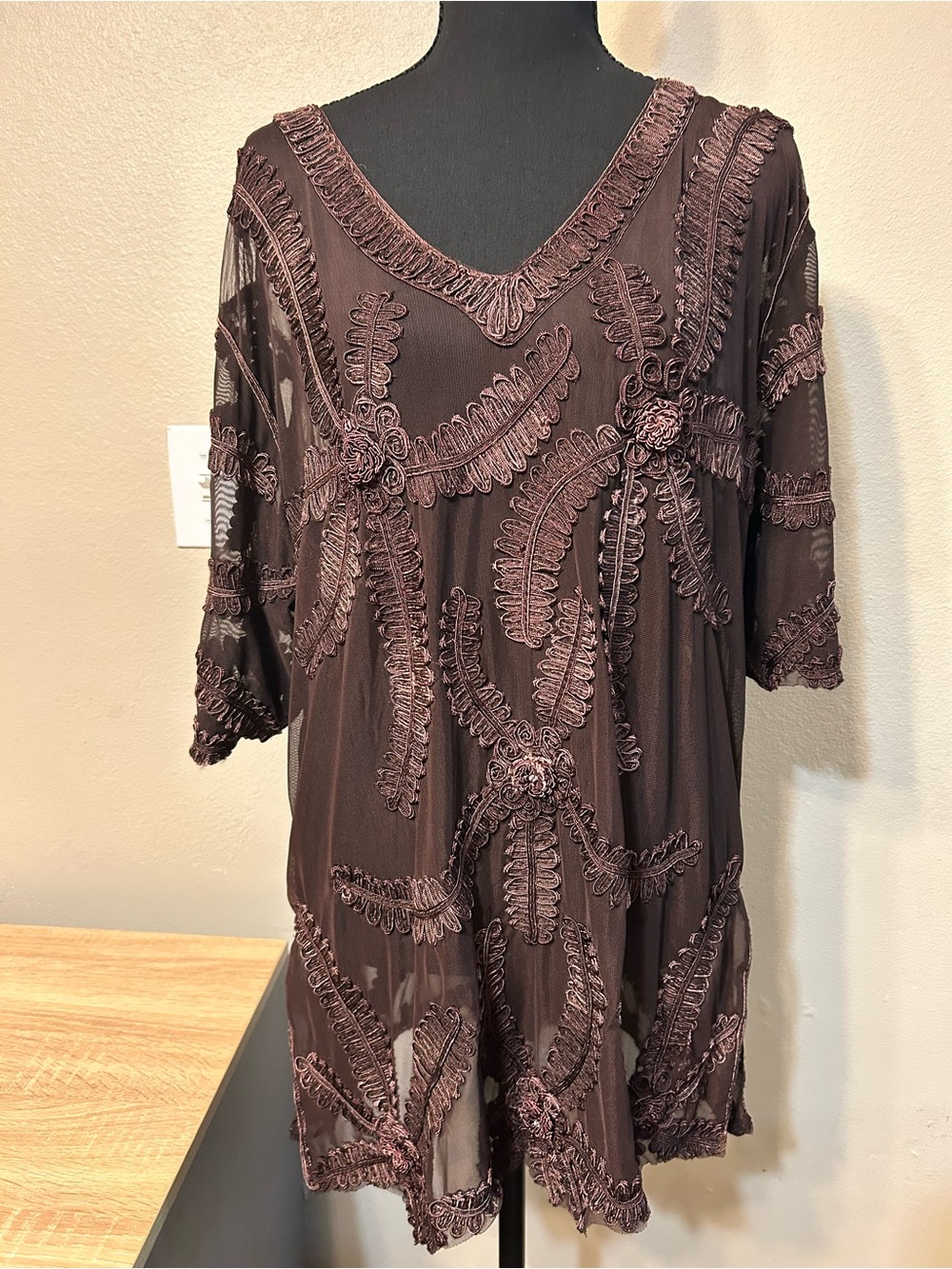 Hot Sports Brown Sheer Mesh Soutache Embroidered Tunic Top Thailand Boho